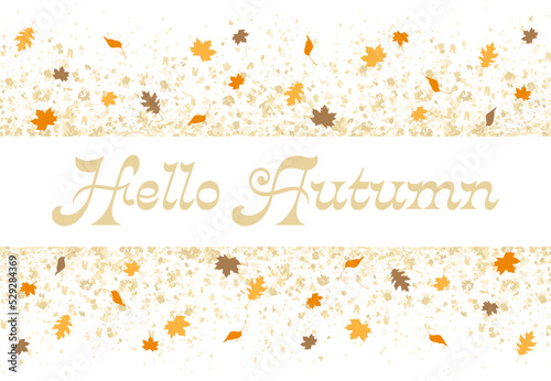 A gold glitter confetti border, with fall leaves and Hello Autumn text on white
