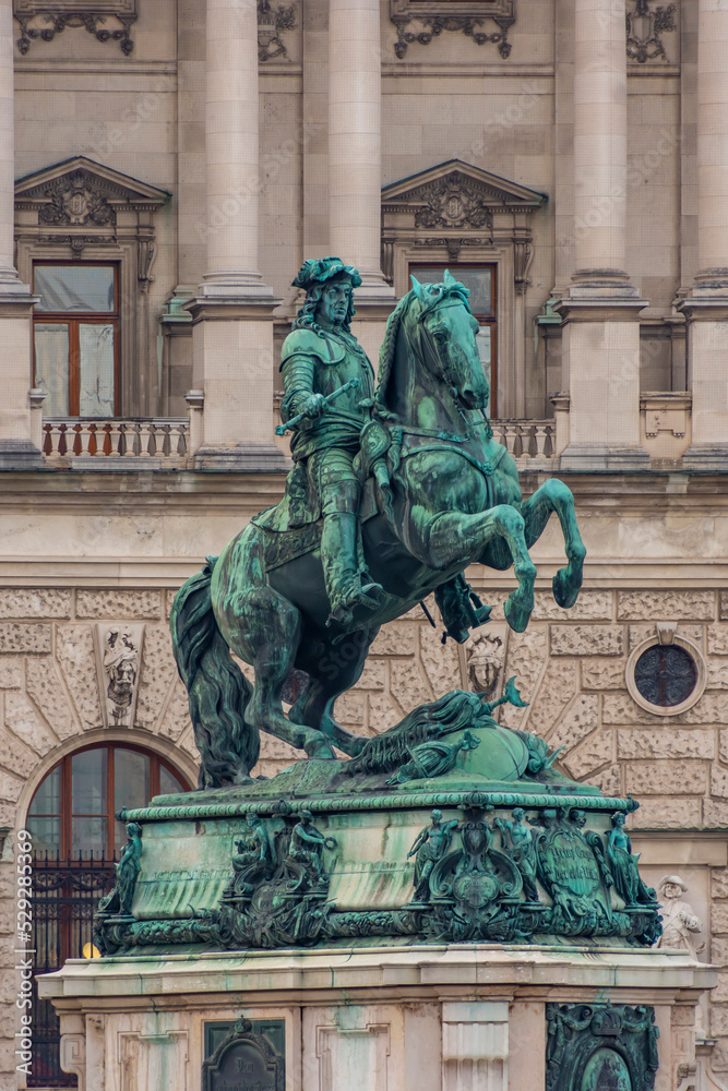 Statue of Prince Eugene in front of Hofburg palace on Heldenplatz square, center of Vienna, Austria