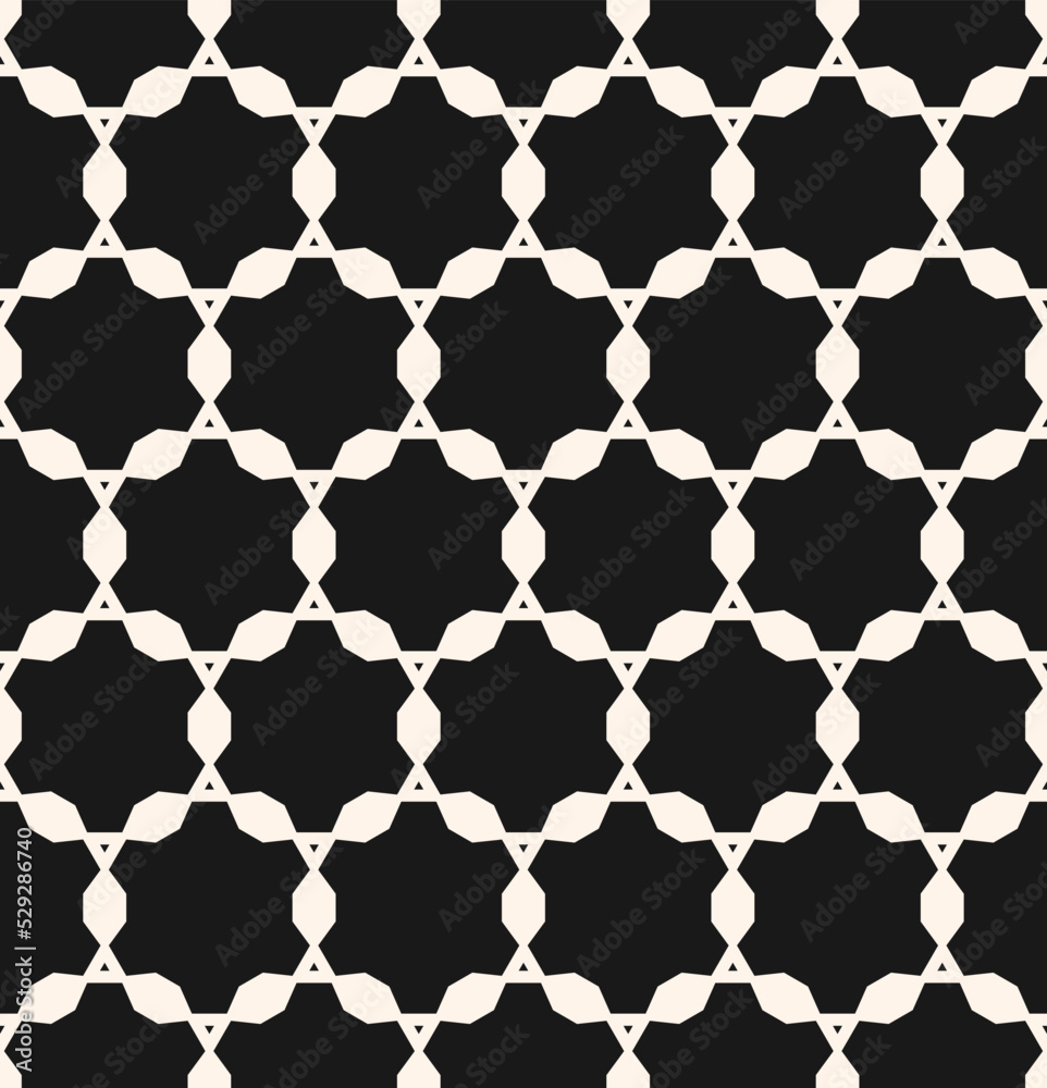 Fototapeta premium Vector black and white seamless pattern. Vector monochrome geometric ornament with hexagonal grid, lattice. Luxury ornamental background. Abstract texture. Arabic style. Dark repeat decorative design