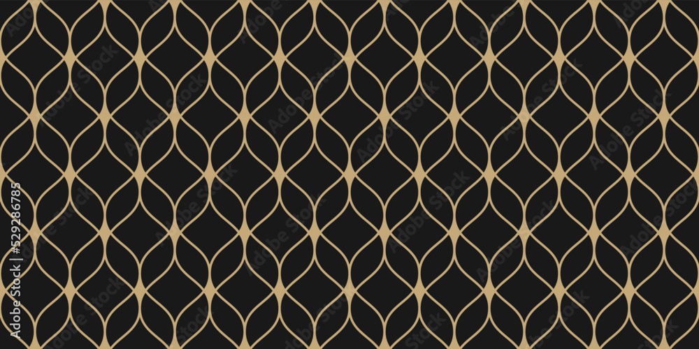 Vector seamless pattern in Arabian style. Luxury golden abstract graphic background with thin wavy lines, delicate lattice. Gold and black texture of mesh, lace. Elegant oriental ornament geo design