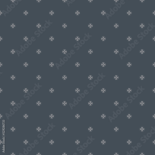 Vector geometric floral ornament. Simple minimalist seamless pattern. Ornamental texture with small flower shapes, crosses. Dark gray abstract background. Stylish minimal repeat decorative design