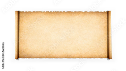 Antique parchment scroll with worn edges isolated on empty background photo