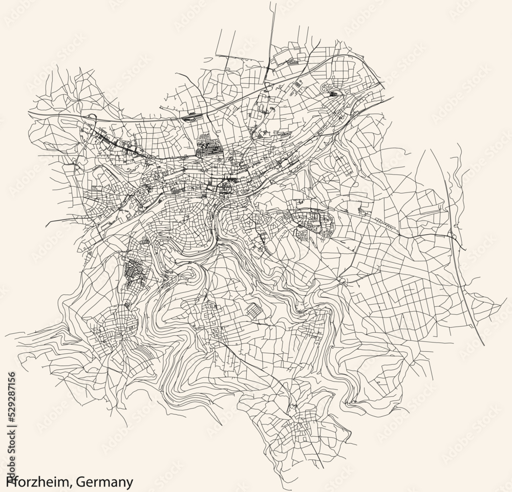 Detailed navigation black lines urban street roads map of the German regional capital city of PFORZHEIM, GERMANY on vintage beige background