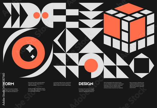Swiss poster design template layout with clean typography and minimal vector pattern with colorful abstract geometric shapes. Bold form graphic design, useful for album print,website header,web banner