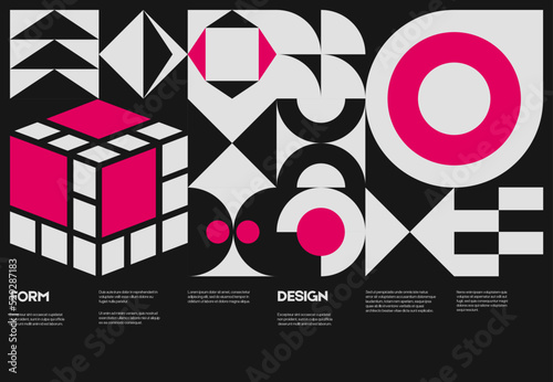 Swiss poster design template layout with clean typography and minimal vector pattern with colorful abstract geometric shapes. Bold form graphic design, useful for album print,website header,web banner