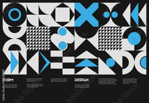 Swiss poster design template layout with clean typography and minimal vector pattern with colorful abstract geometric shapes. Bold form graphic design, useful for album print,website header,web banner