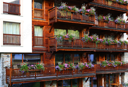 Traditional wooden architecture in Zermatt, Switzerland, Europe