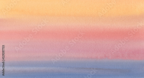 Abstract background drawn with a brush on paper. Horizontal gradient from blue to orange watercolor background, wash technique. Bright sky and water watercolour.