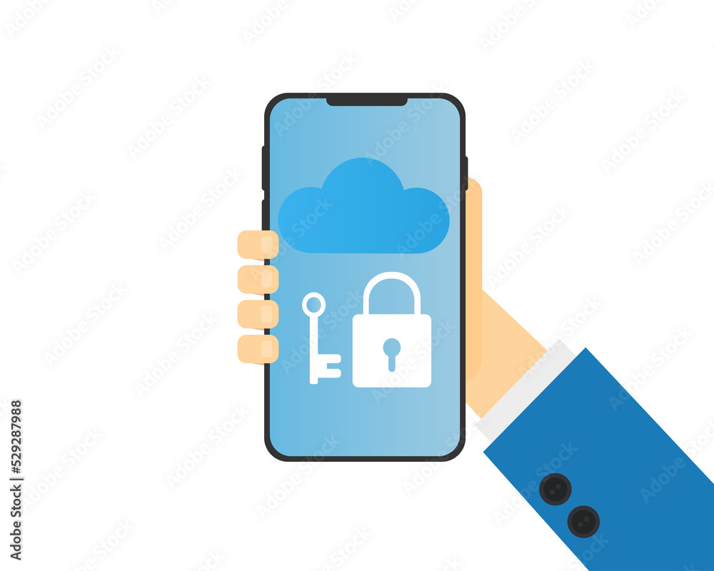 Hand holding phone with cloud and access key. Vector illustration Hand holding phone with cloud and access key. Vector illustration