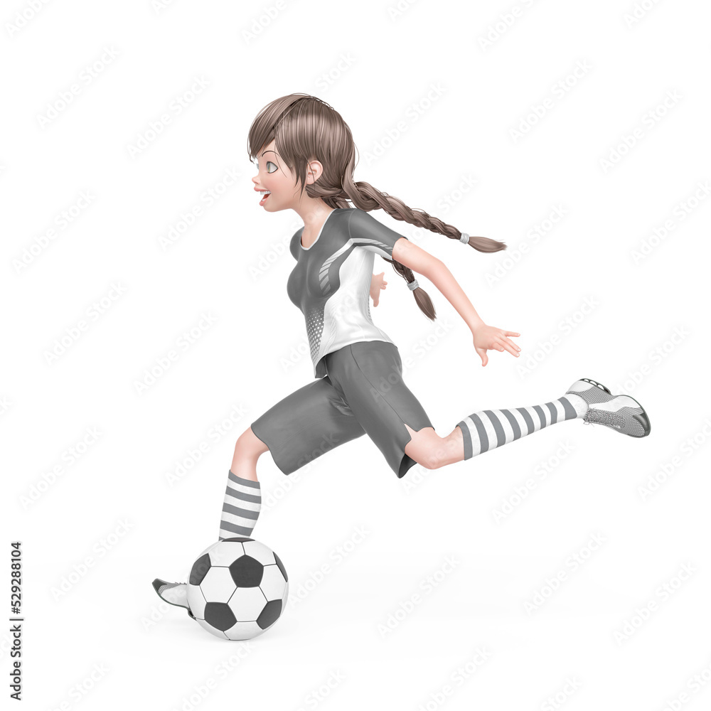 soccer girl is happy and also playing football in white background side view soccer girl is happy and also playing football in white background side view