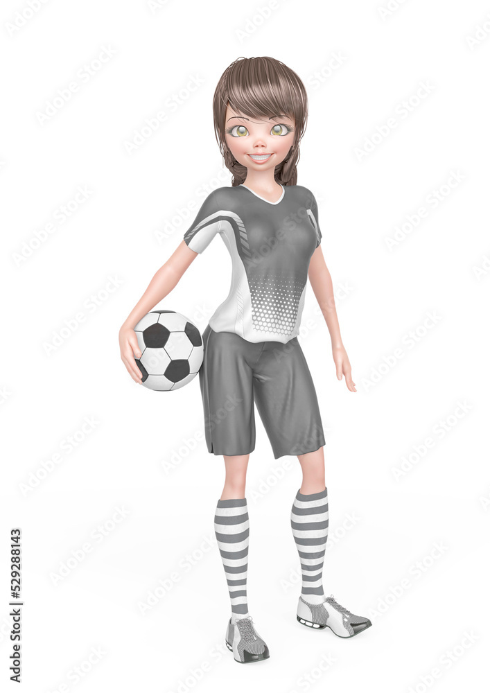 soccer girl is smiling and ready to play football with the ball under her arms in white background soccer girl is smiling and ready to play football with the ball under her arms in white background