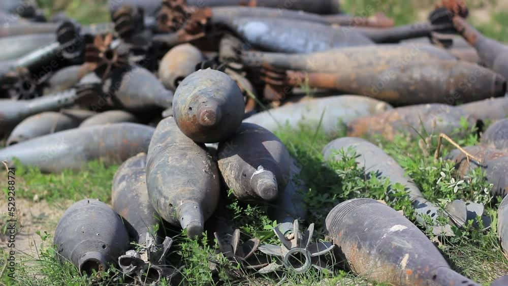 Shells, bombs in the field close-up Shells, bombs in the field close-up