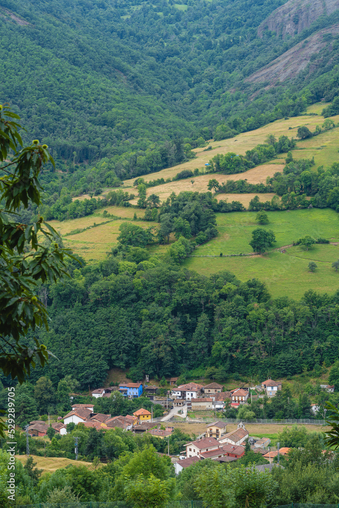 View of the town of Riello in the council of Teverga ,Teberga, in Asturias, Spain.