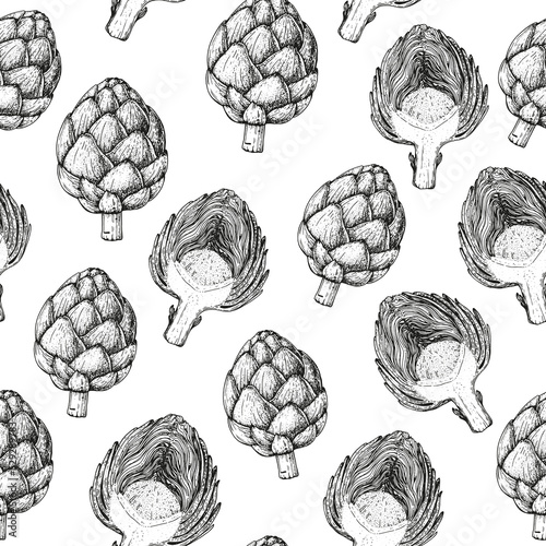 Artichoke seamless pattern. Hand drawn background. Vector illustration. Hand drawing sketch illustration. Artichoke vegetable hand drawn backdrop.