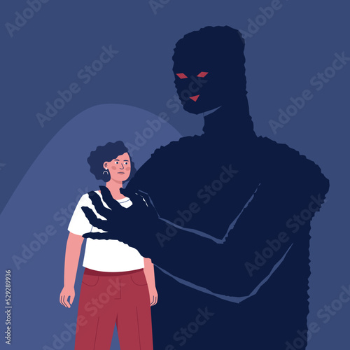 A terrified woman in the hands of a stylized dark devilish figure, a symbol of the trauma of sexual violence.