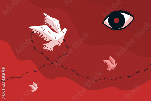 Obraz na plátně White pigeons on a red background surrounded by barbed wire, a symbol of protest and opposition to the dictatorship