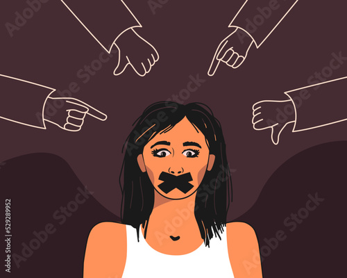 Condemning, shaming hand gestures are directed at a frightened girl with a taped mouth, the concept of accusing the victim of violence.