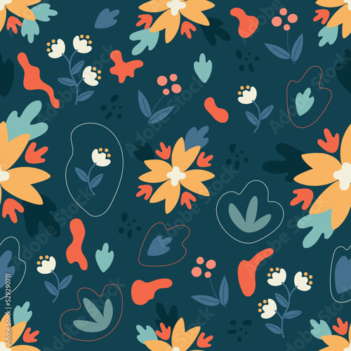 Yellow,orange and blue abstract flower seamless pattern