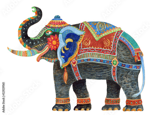 Watercolor painted fantasy ornate elephant with dark grey skin isolated on a transparent background photo