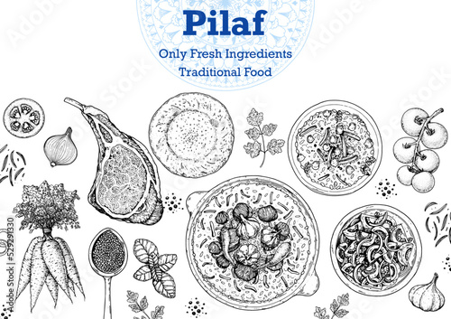 Pilaf cooking and ingredients for pilaf, sketch illustration. Middle eastern cuisine frame. Uzbek food, design elements. Hand drawn, package design. Arabic food