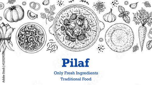 Pilaf cooking and ingredients for pilaf, sketch illustration. Middle eastern cuisine frame. Uzbek food, design elements. Hand drawn, package design. Arabic food