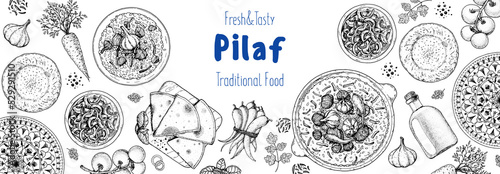 Pilaf cooking and ingredients for pilaf, sketch illustration. Middle eastern cuisine frame. Uzbek food, design elements. Hand drawn, package design. Arabic food