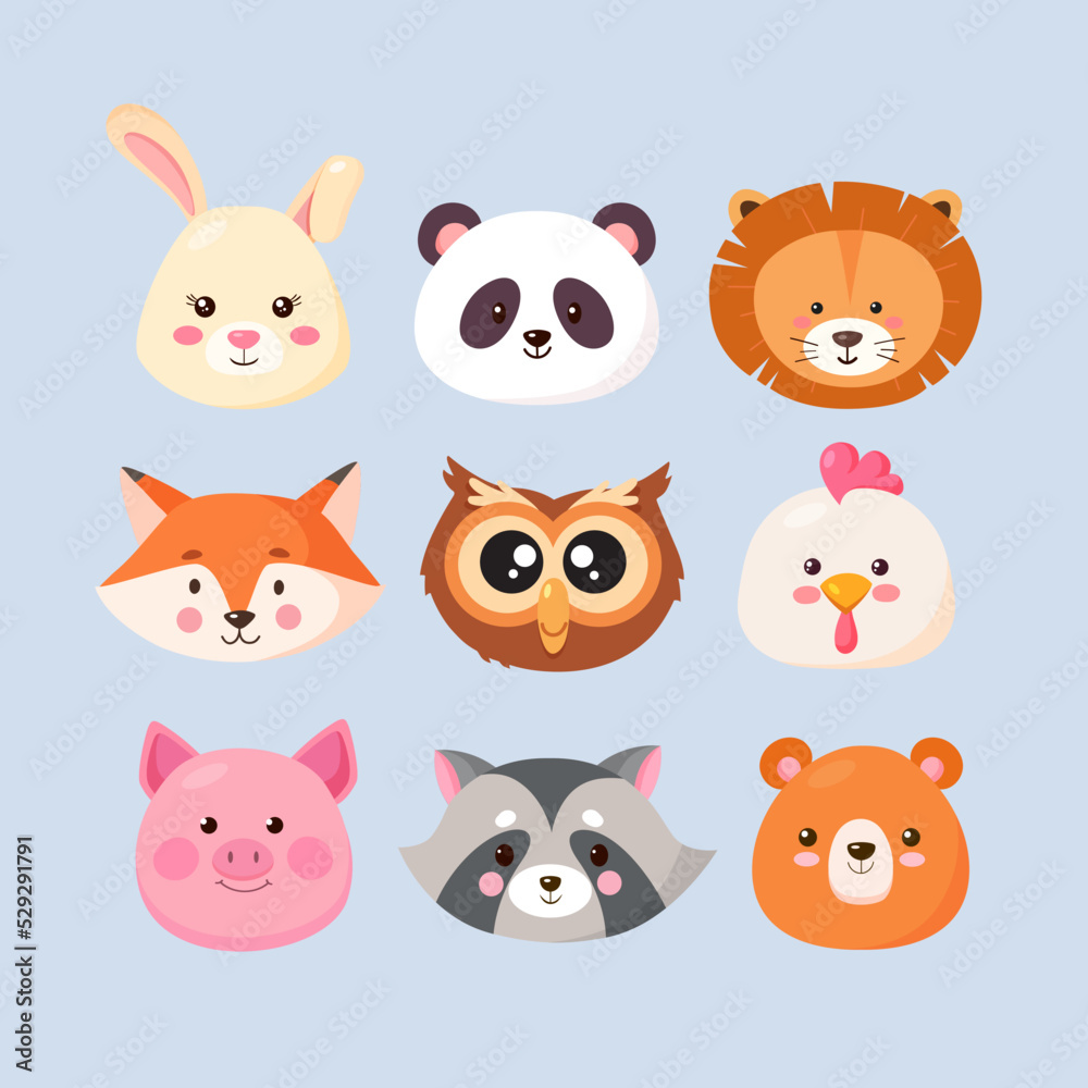 Vector illustrations with cute funny animal faces Vector illustrations with cute funny animal faces