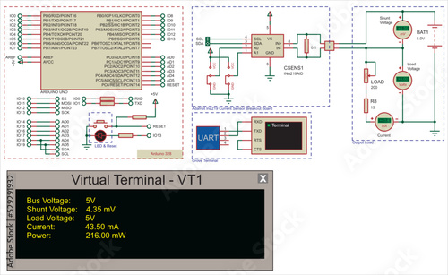 Vector diagram of connecting a current sensor to an Arduino uno.  Electronic circuit board with arduino.
Electrical diagram with arduino.