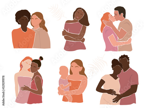 A set of different people. A couple of happy future parents. A pregnant woman is expecting a baby. Husband and wife hug. friends together. Vector graphics.