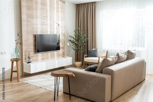 Sofa in the living room in a modern apartment with a convenient location © SDF_QWE