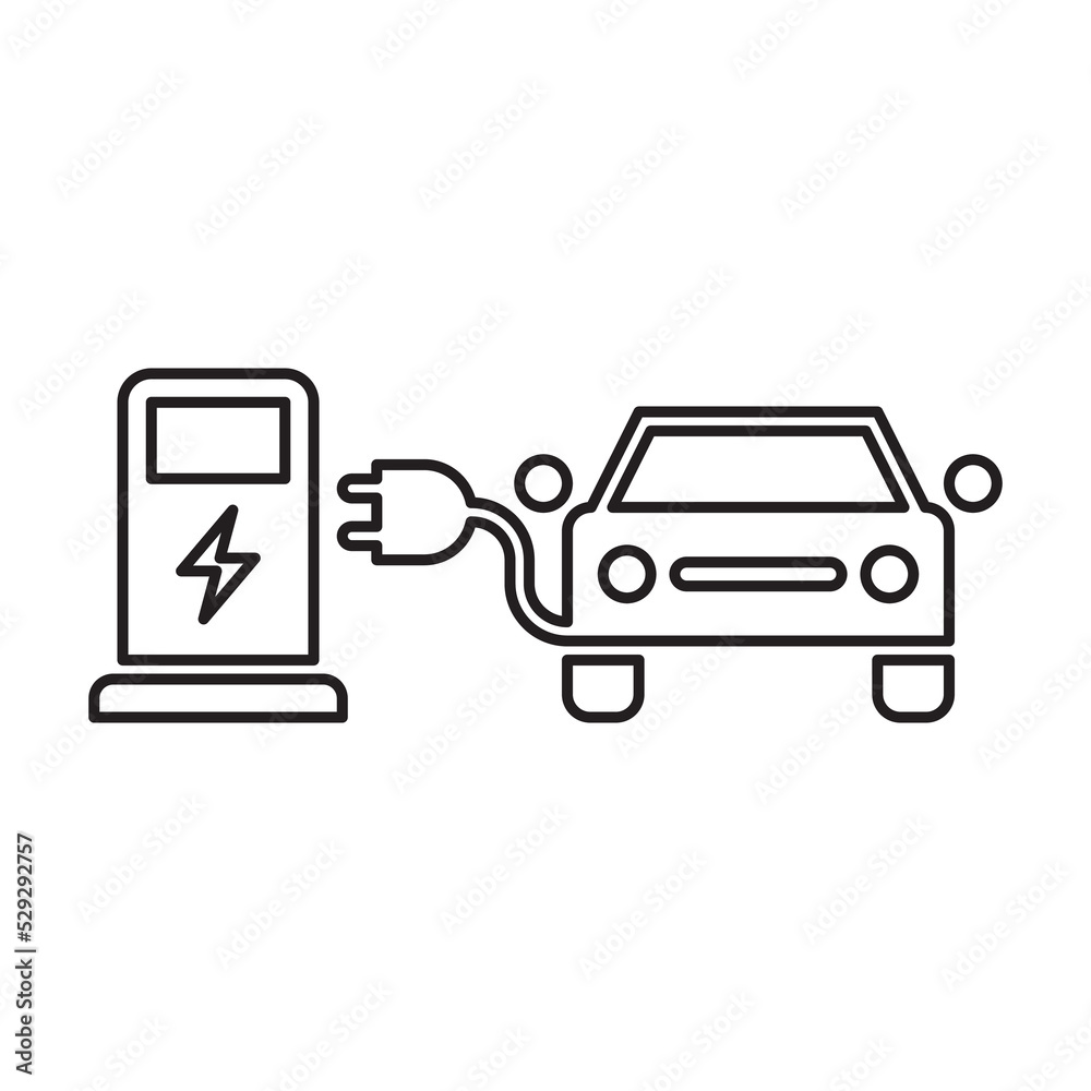 Outline of icon and symbol of electric vehicle with the plug in the charging station. Outline of icon and symbol of electric vehicle with the plug in the charging station.