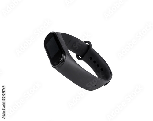 Fitness tracker isolated on white background. Physical activity control, heart rate measurement. Angled view. Healthy lifestyle concept.