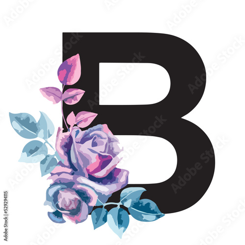 Single B letter with beautiful floral elements. alphabet with beautiful pink and indigo blue roses. Isolated on white background, editable. Signs and symbols, rose element. logo, floral, symbol