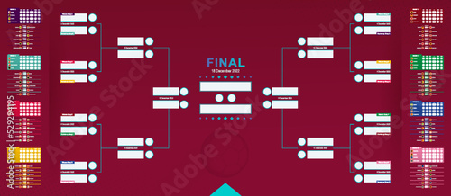 World 2022 match schedule, soccer results table with flags of participants. Tournament bracket  in horizontal design.