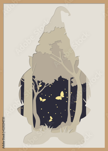 Merry Christmas vector illustration, 3D layered paper cut style. Shadow box. Christmas gnome and Christmas tree. 