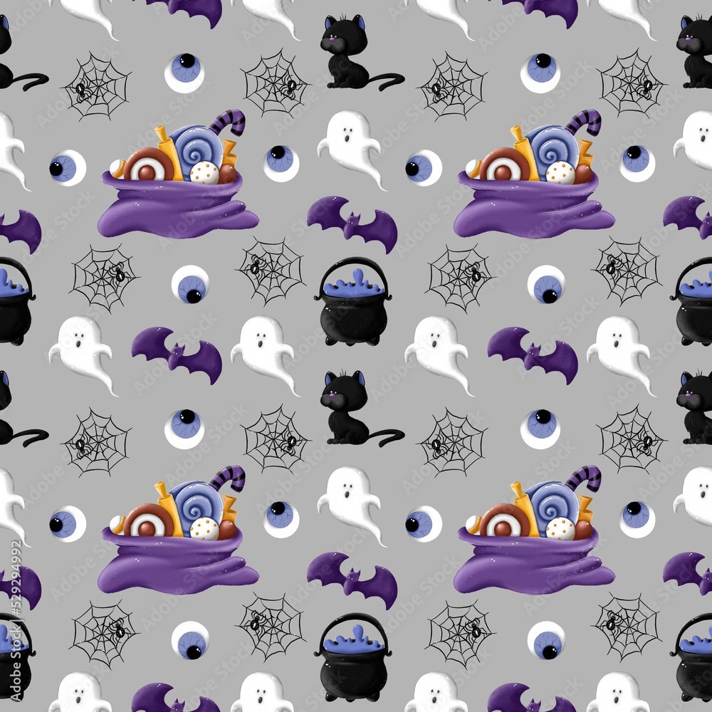 Naklejka premium Halloween seamless pattern with set of cartoon doodle illustrations on Grey background. Candies, poison, ghost, eye, spider, cob, black cat, bat. Trick or treat. Mystery and creepy.