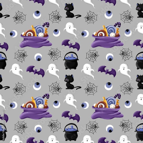 Halloween seamless pattern with set of cartoon doodle illustrations on Grey background. Candies, poison, ghost, eye, spider, cob, black cat, bat. Trick or treat. Mystery and creepy.