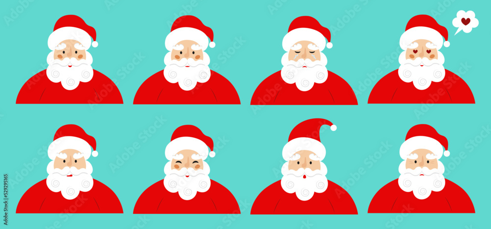 Christmas set with different emotions of Santa Claus. Various face avatars. Facial expression icons. Isolated vector illustration in flat style.