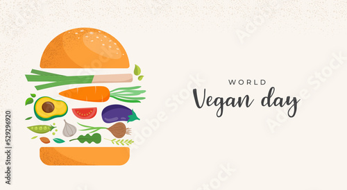 World Vegan Day, Concept Design with vegetable hamburger. For Social Media promotions, sticker, banner, greeting cards