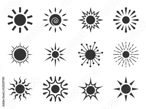 Sun flat icon set. Various shape sunshine star. Cartoon summer sunlight nature sky. Simple graphic solar circle sign. Sunny heat rays weather app symbol. Logotype sunrise sunset isolated on white.