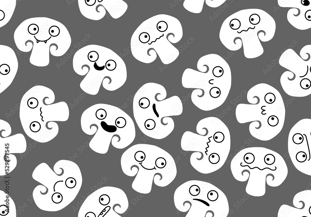 Cartoon faces autumn mushrooms seamless champignons pattern for wrapping and fabrics and menu and kitchen Cartoon faces autumn mushrooms seamless champignons pattern for wrapping and fabrics and menu and kitchen