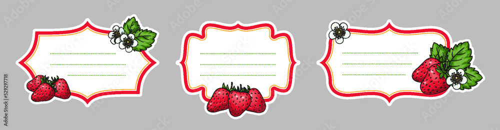 Strawberries label set. Homemade strawberry paper tag sticker. Retro ...