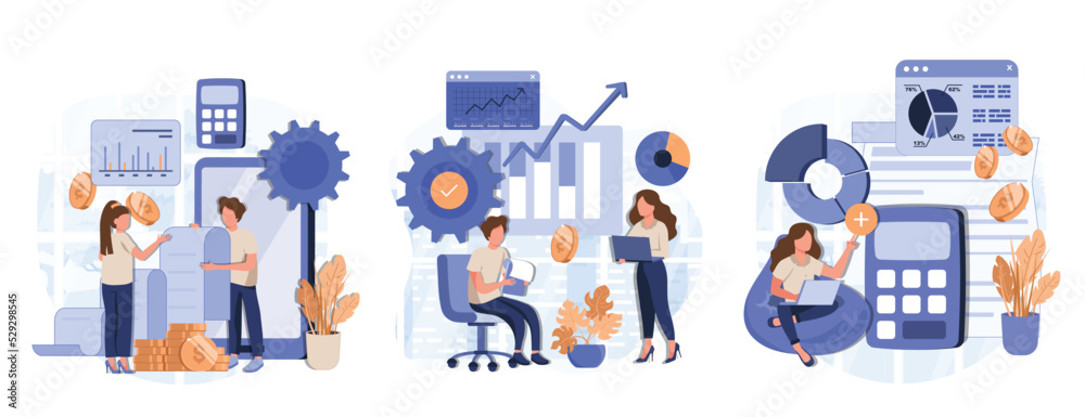 Characters manage finances. People calculating and analyzing personal or corporate budget, managing financial income, consulting with accountant. Flat cartoon vector illustration and icons set.