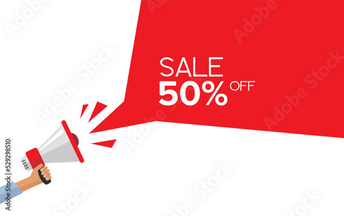 Megaphone promotion advertising with sale bonus offer text shout message vector flat cartoon illustration, person man hand holding loudspeaker announcement concept modern design. 10 EPS.