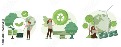 Sustainability illustration set. ESG, green energy, sustainable industry with windmills and solar energy panels. Environmental, Social, and Corporate Governance concept. Vector illustration.