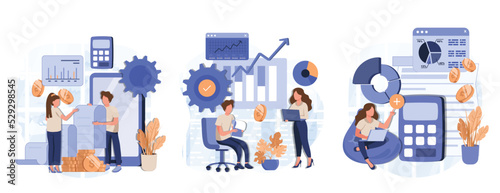 Characters manage finances. People calculating and analyzing personal or corporate budget, managing financial income, consulting with accountant. Flat cartoon vector illustration and icons set.