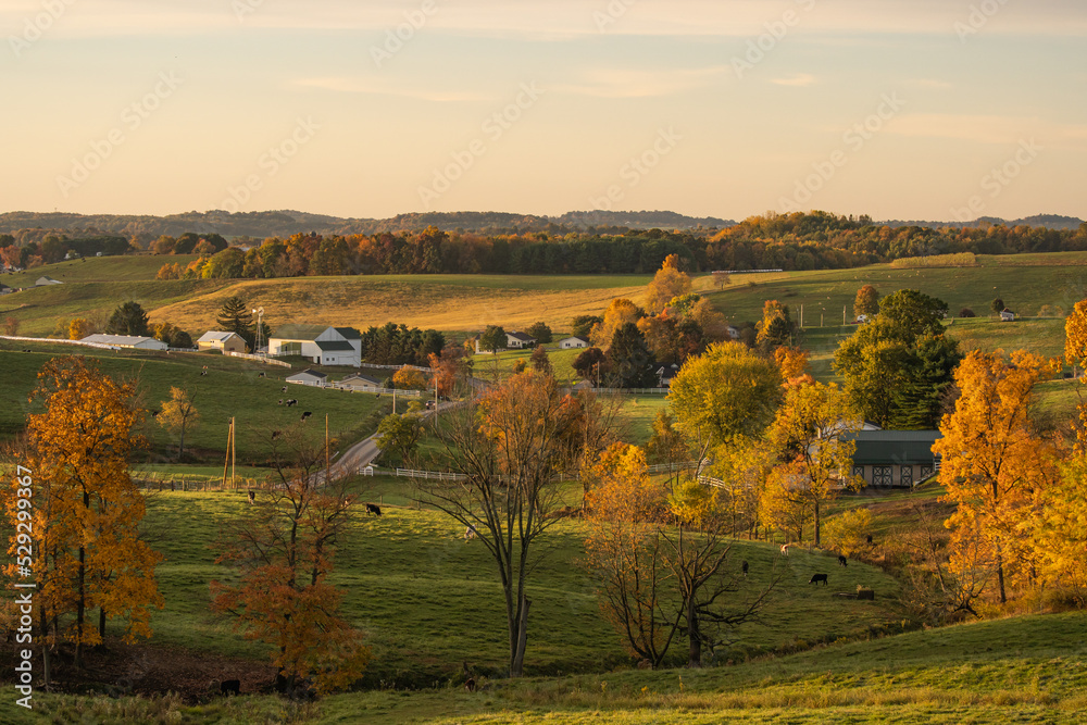 The rolling farmland countryside of Amish country, Ohio in the golden evening sunlight
