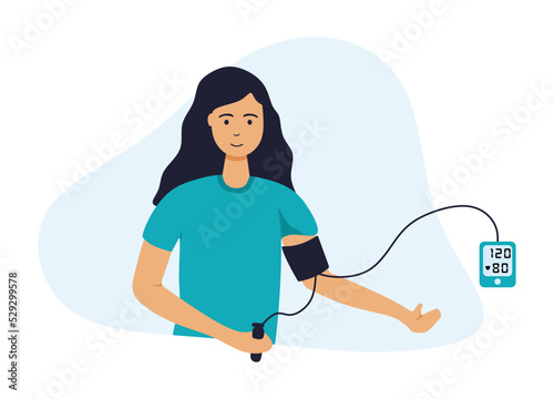 A woman measures her blood pressure with a blood pressure monitor. Medical vector illustration