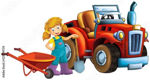 cartoon scene with farmer girl and tractor isolated illustration for children