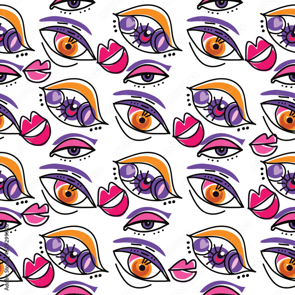 Awesome seamless pattern with esoteric eye different shapes, Magic, witchcraft, occult symbol, colorful line art. fabric, paper, textile. Vector Modern mythic graphic background illustration